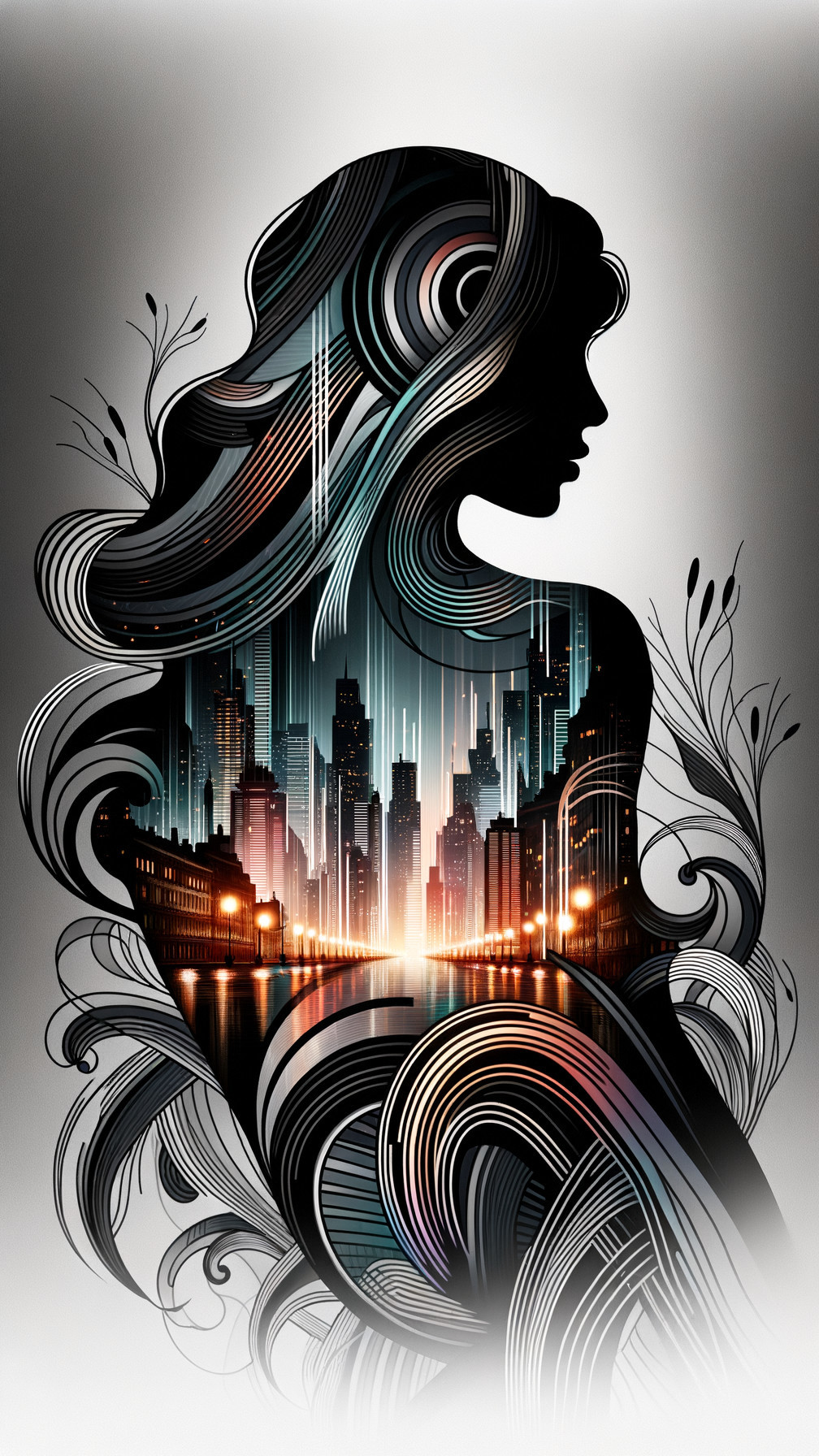 Stylized Silhouette of Woman with Cityscape Hair