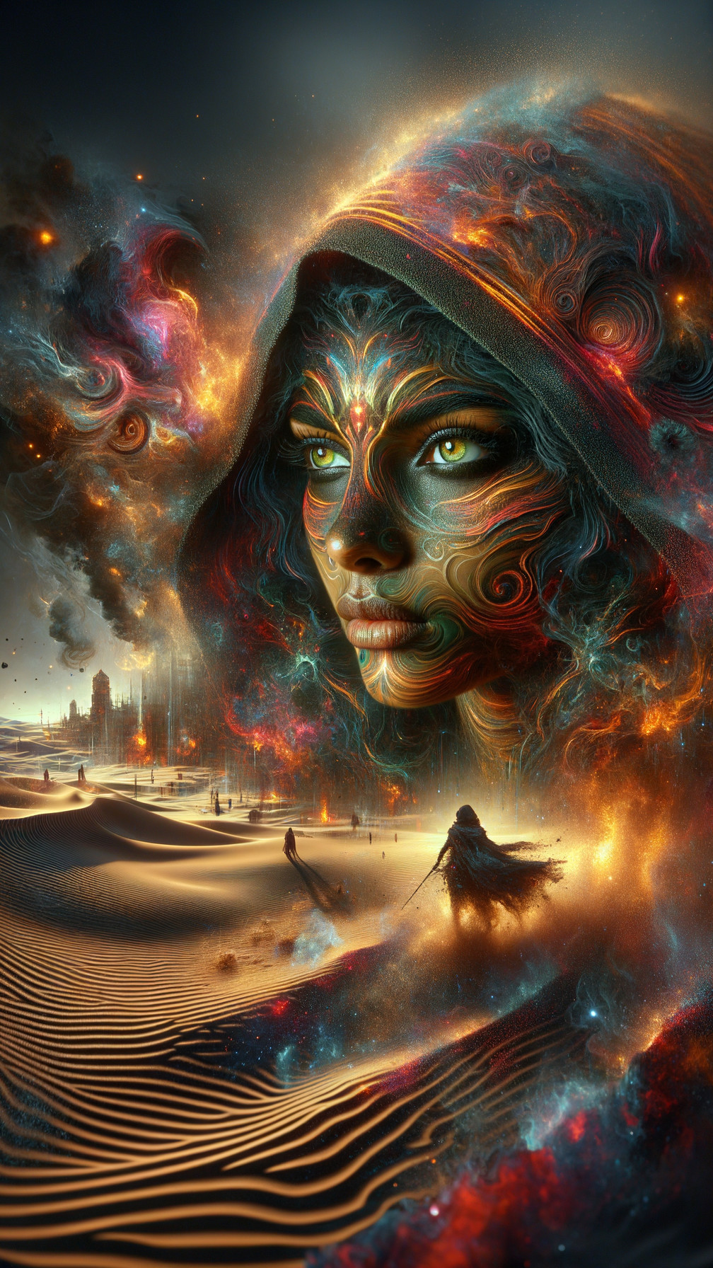 Mystical Landscape with Cosmic Elements and Woman's Face