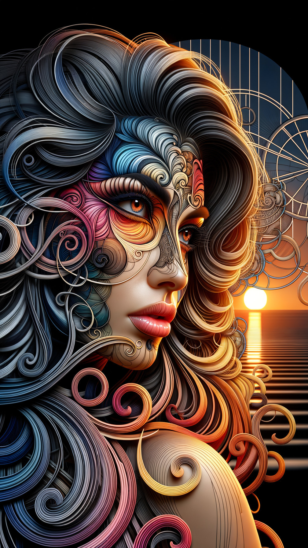 Profile of a Woman with Colorful Patterns and Sunset