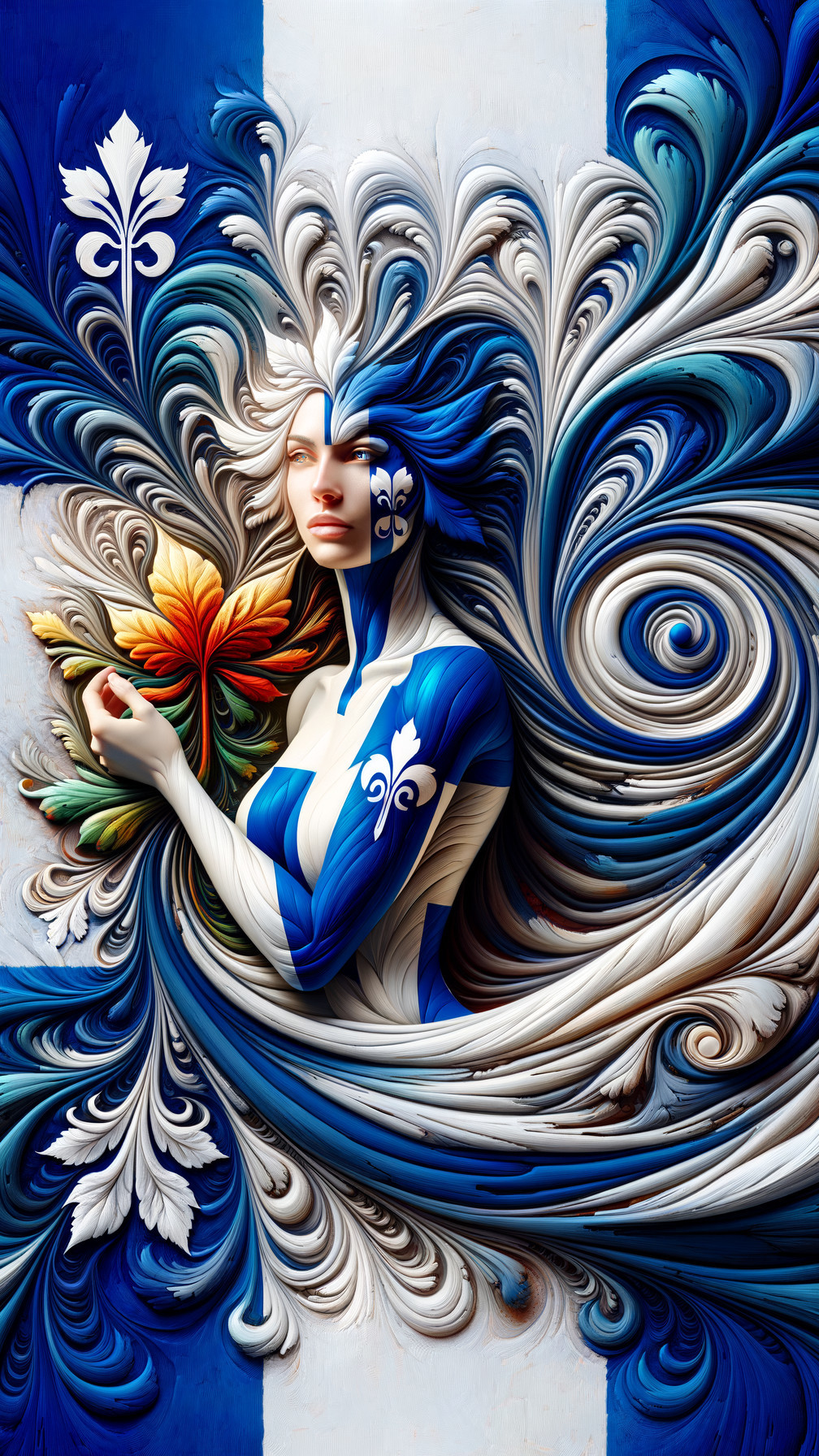 Stylized Figure with Nature-Inspired Body Art