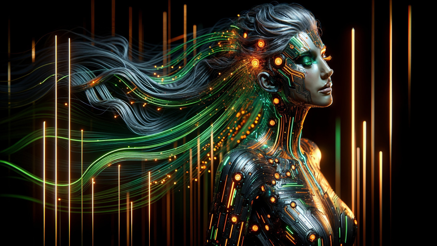 Futuristic Female Figure with Circuitry and Light Streaks