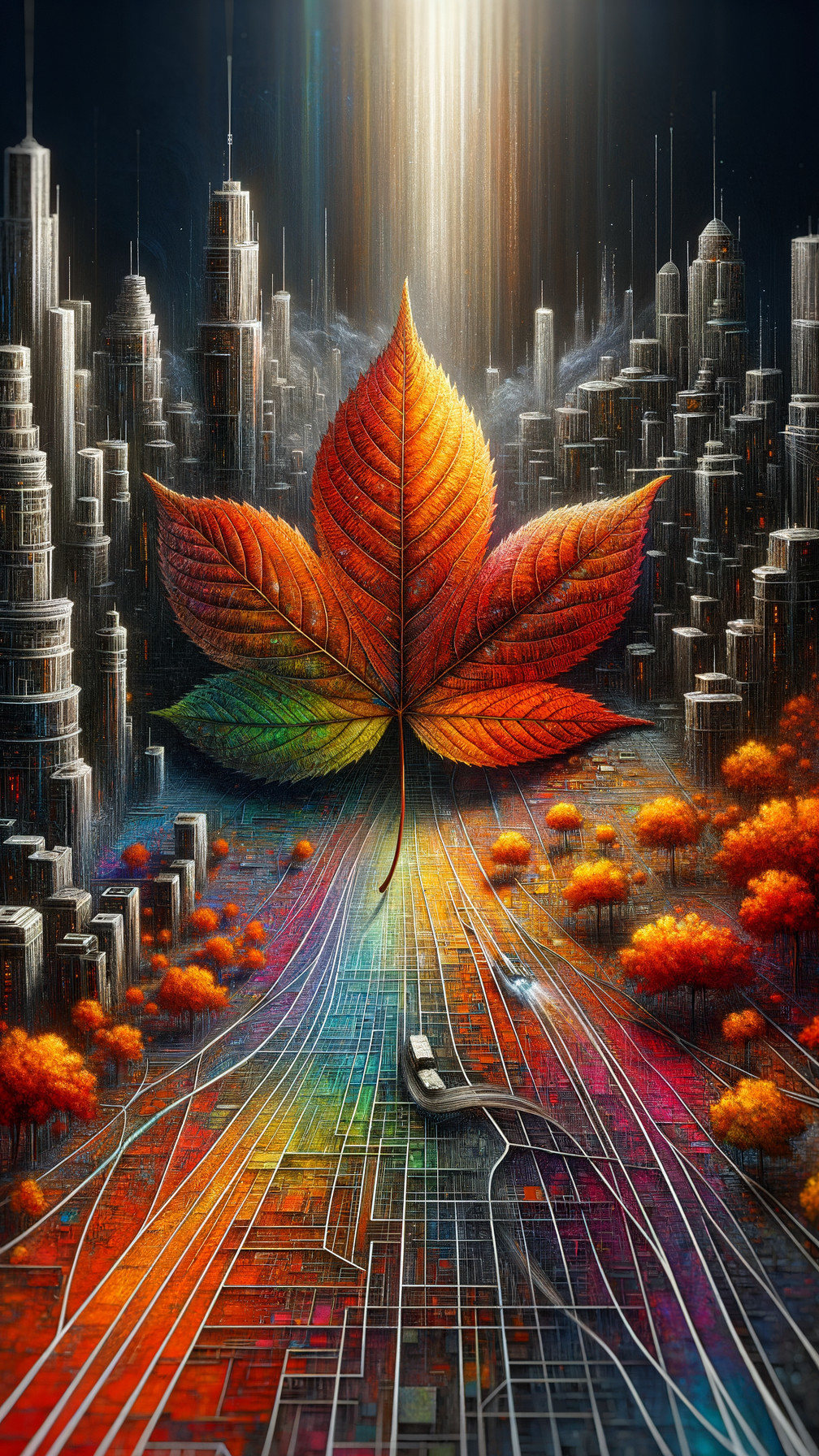 Surreal Cityscape with Giant Colorful Leaf and Skyscrapers