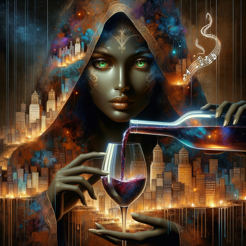 Mystical figure in cloak pouring liquid against skyline