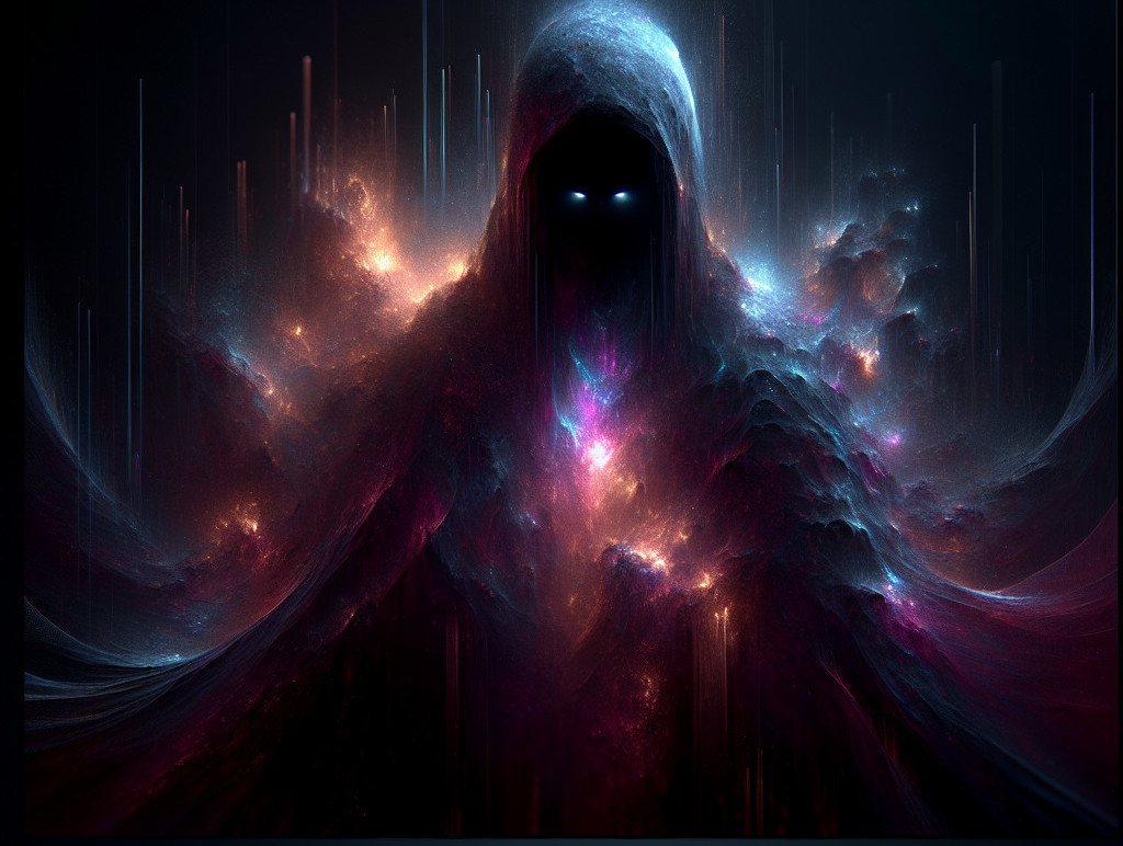 Ethereal Figure in Cosmic Clouds with Glowing Eyes