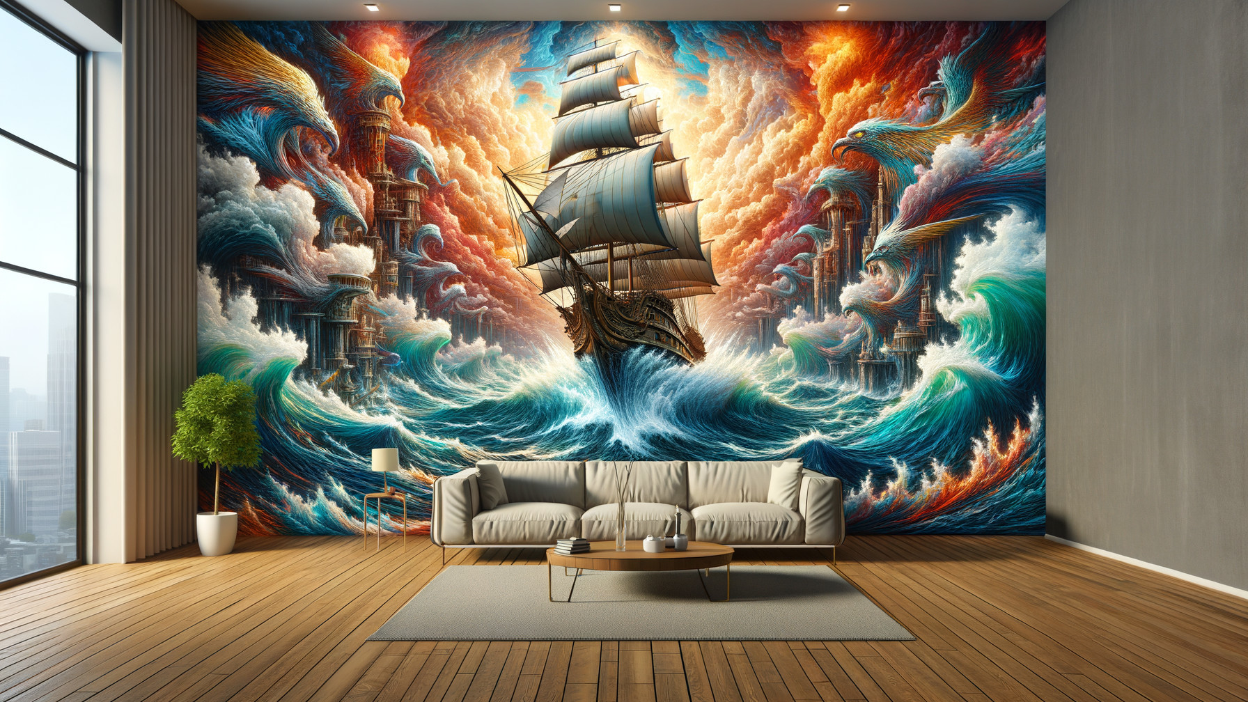 Mural of a ship in turbulent waves with modern decor
