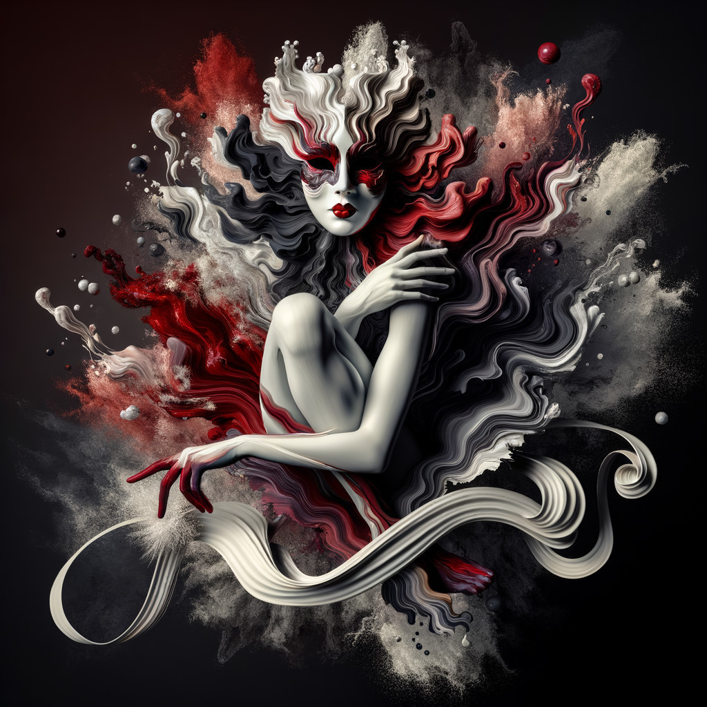 Surreal Figure with Flowing Hair and Abstract Background
