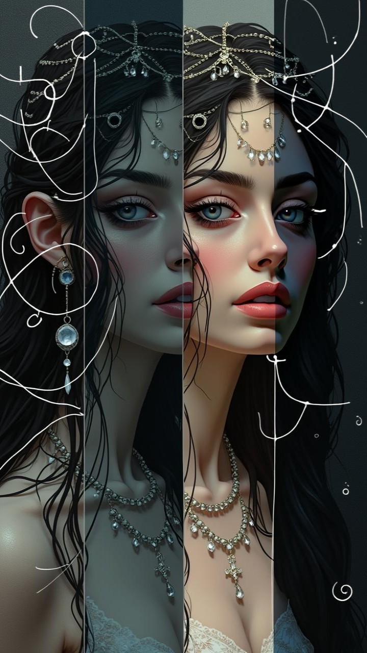 Portrait of a Woman with Dark Hair and Blue Eyes