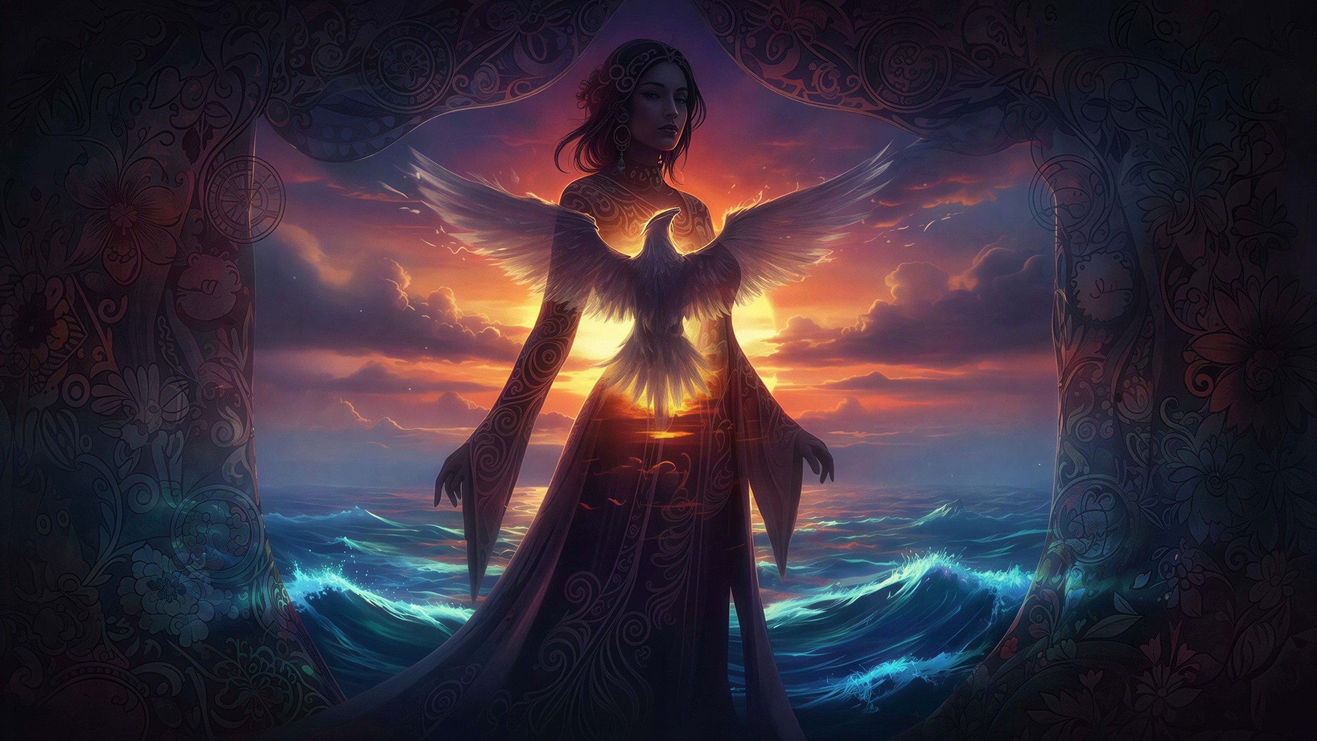 Digital painting of a woman in an archway at sunset