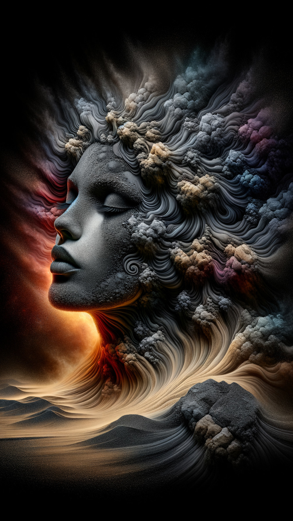 Ethereal Woman's Face in Surreal Cloudy Sunset