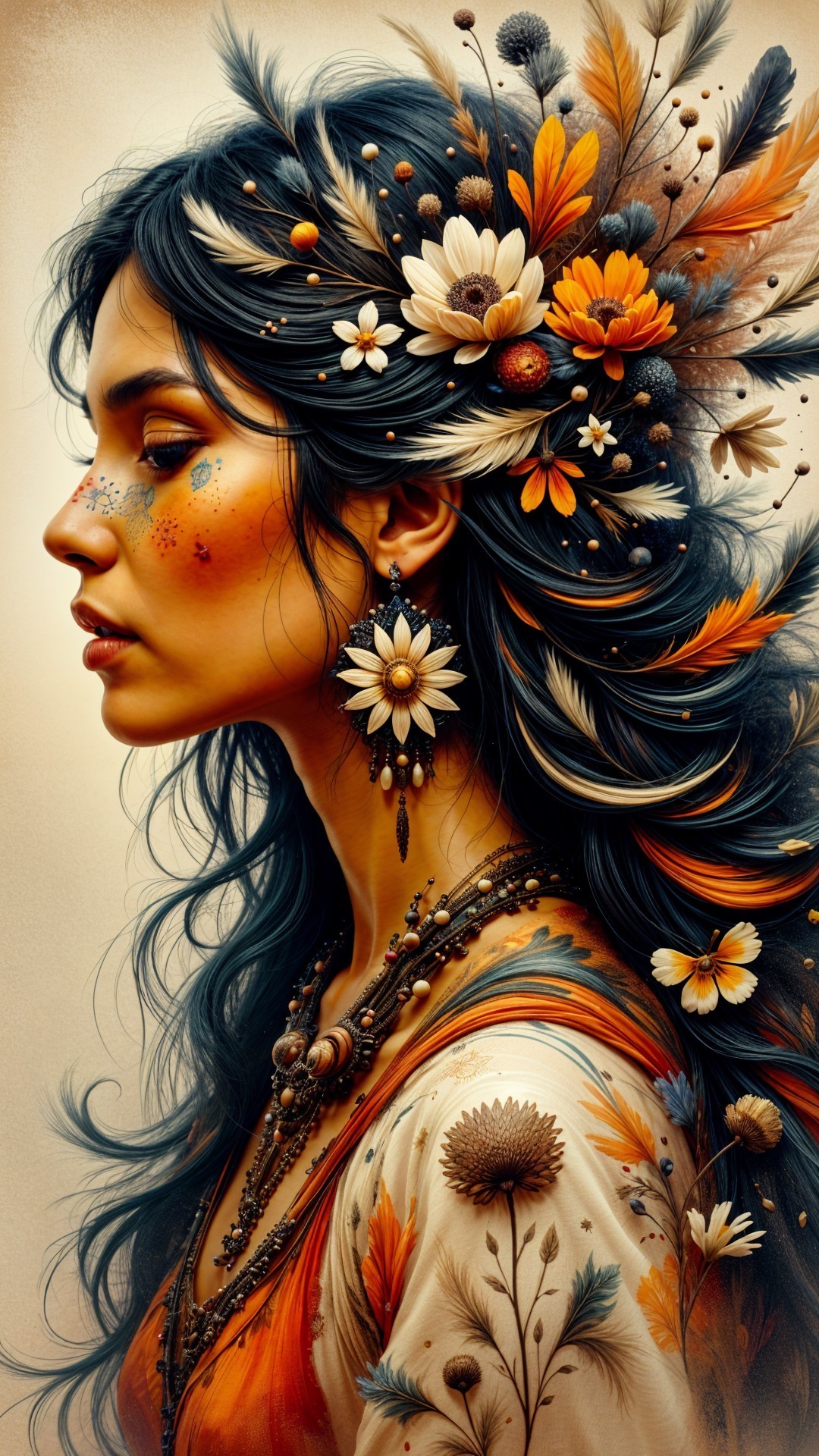 Profile of a woman with floral hair and warm tones