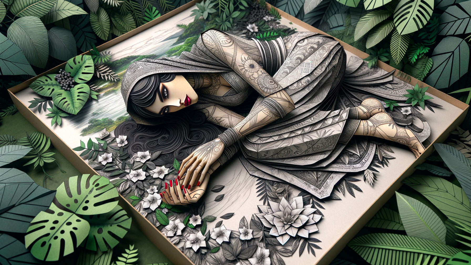 Serene Artwork of Woman in Gray Amidst Green Foliage