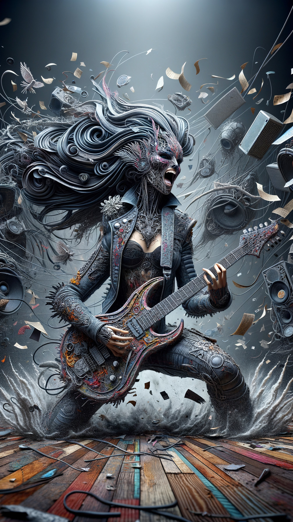 Dynamic figure playing electric guitar in vibrant outfit