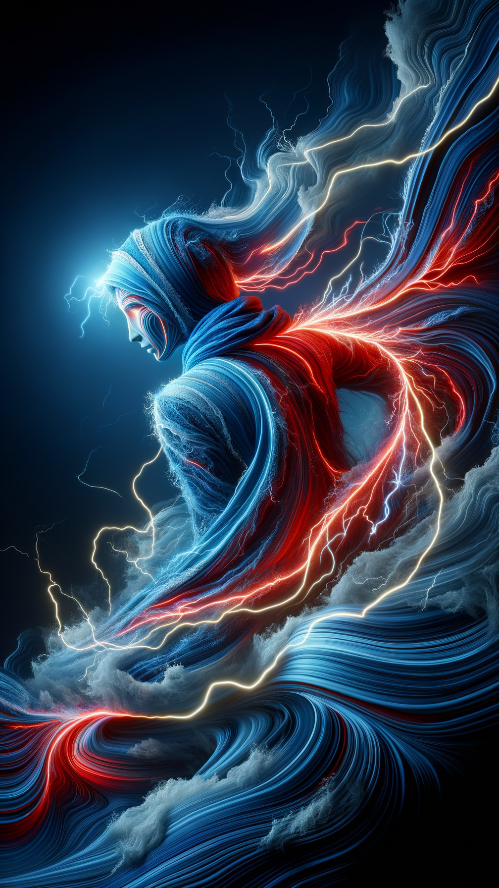 Dynamic Figure in Vibrant Blue and Red Light Waves