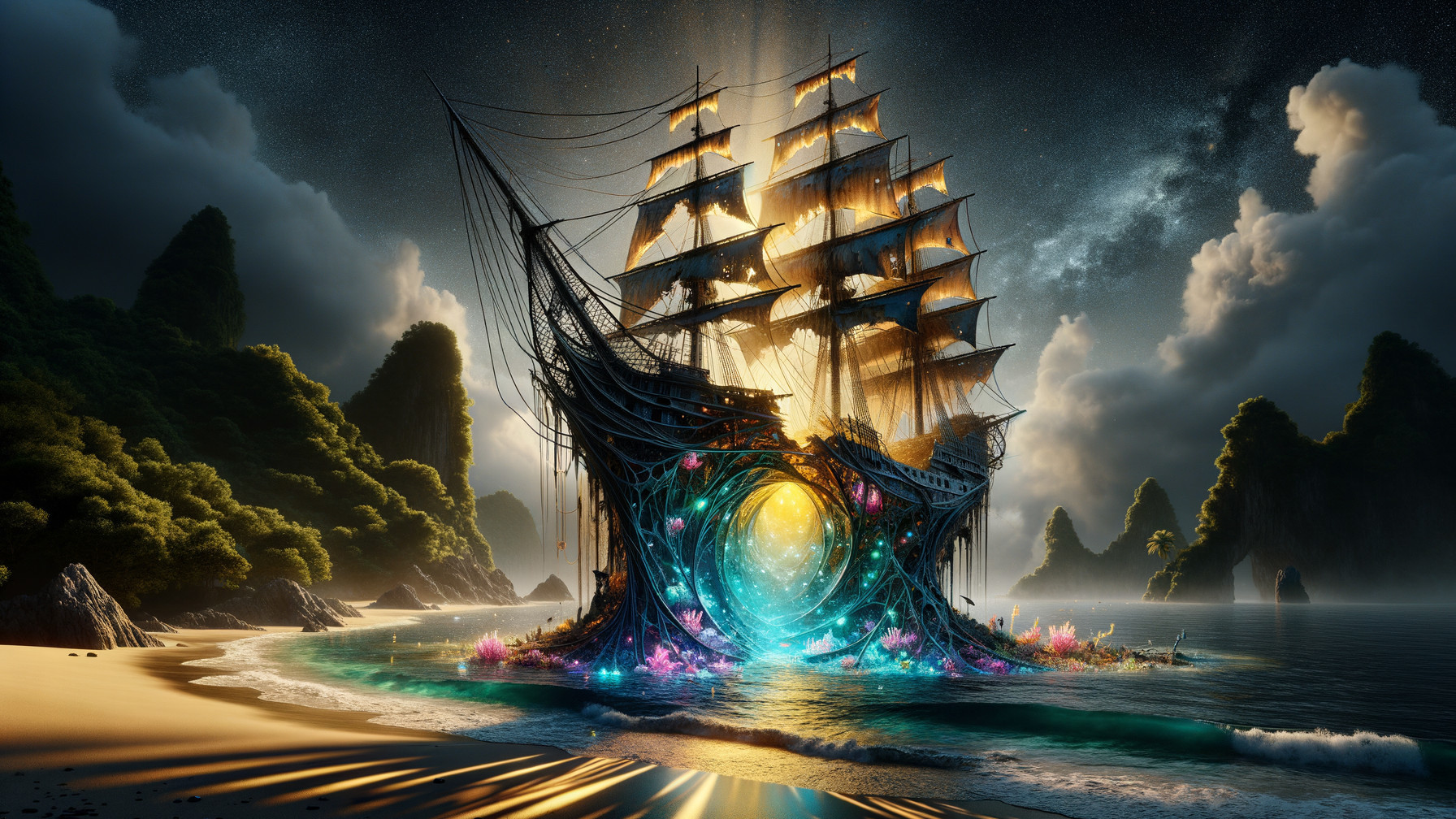 Majestic ship with glowing sails near ethereal portal