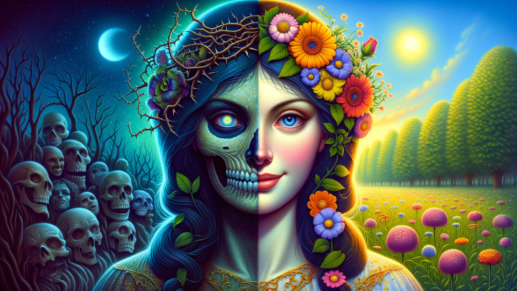 Split Face of Life and Death with Contrasting Backgrounds