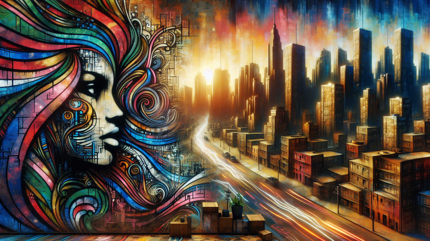 Vibrant Mural of Abstract Woman and City Skyline
