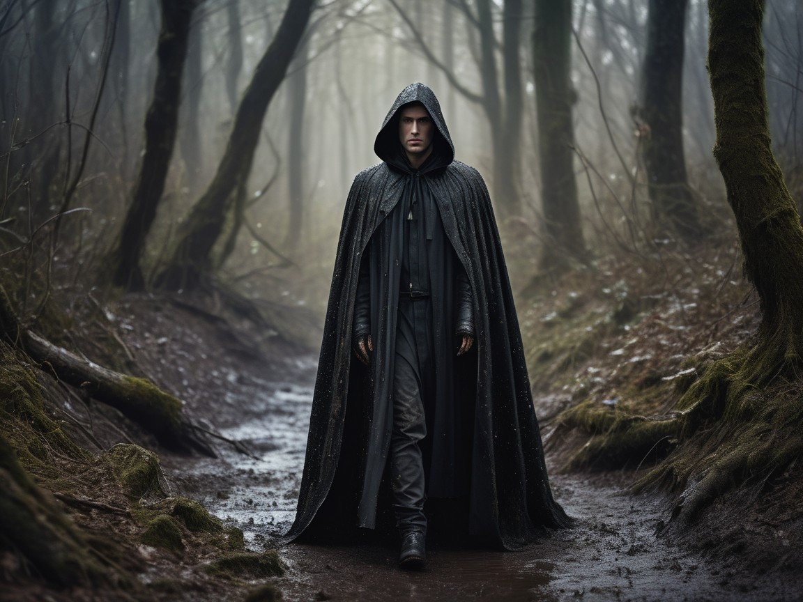 Mysterious Figure in Cloak on Foggy Forest Path