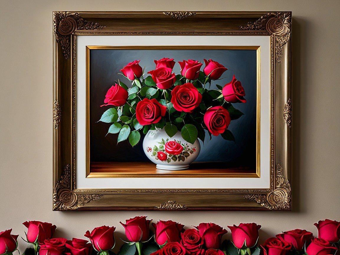 Ornate Gold-Framed Painting of Red Roses in Vase