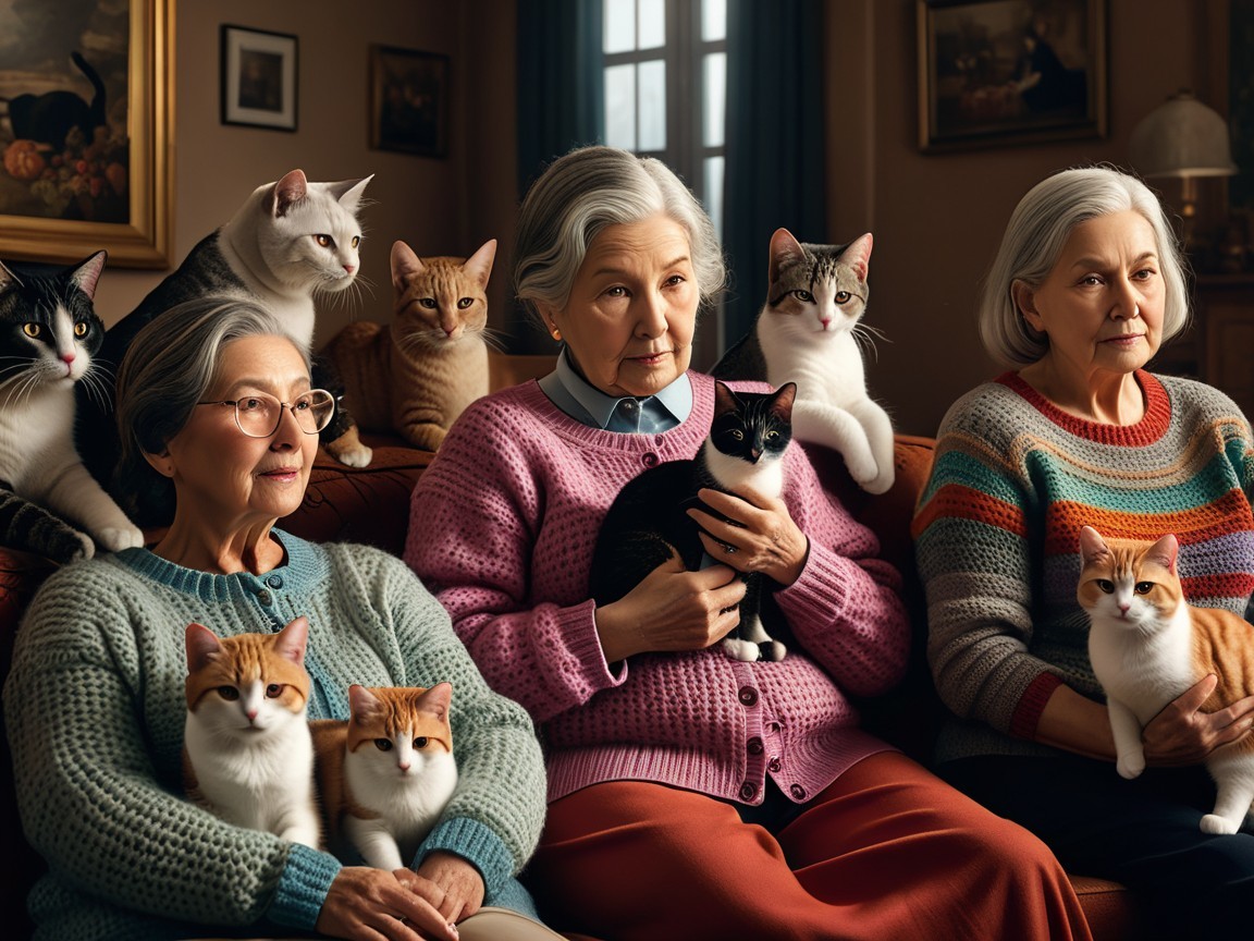 Elderly women in colorful sweaters with cats on a couch
