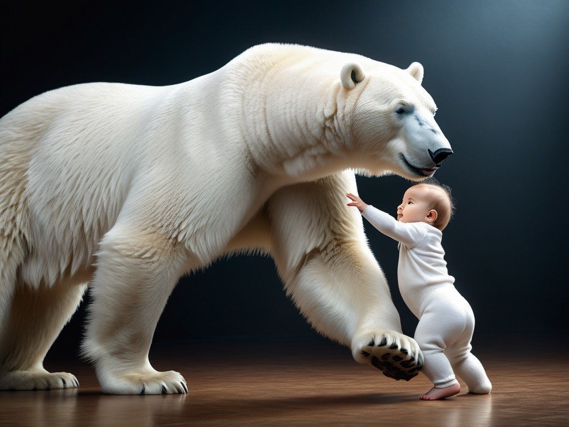 Baby in White Onesie Reaches for Polar Bear