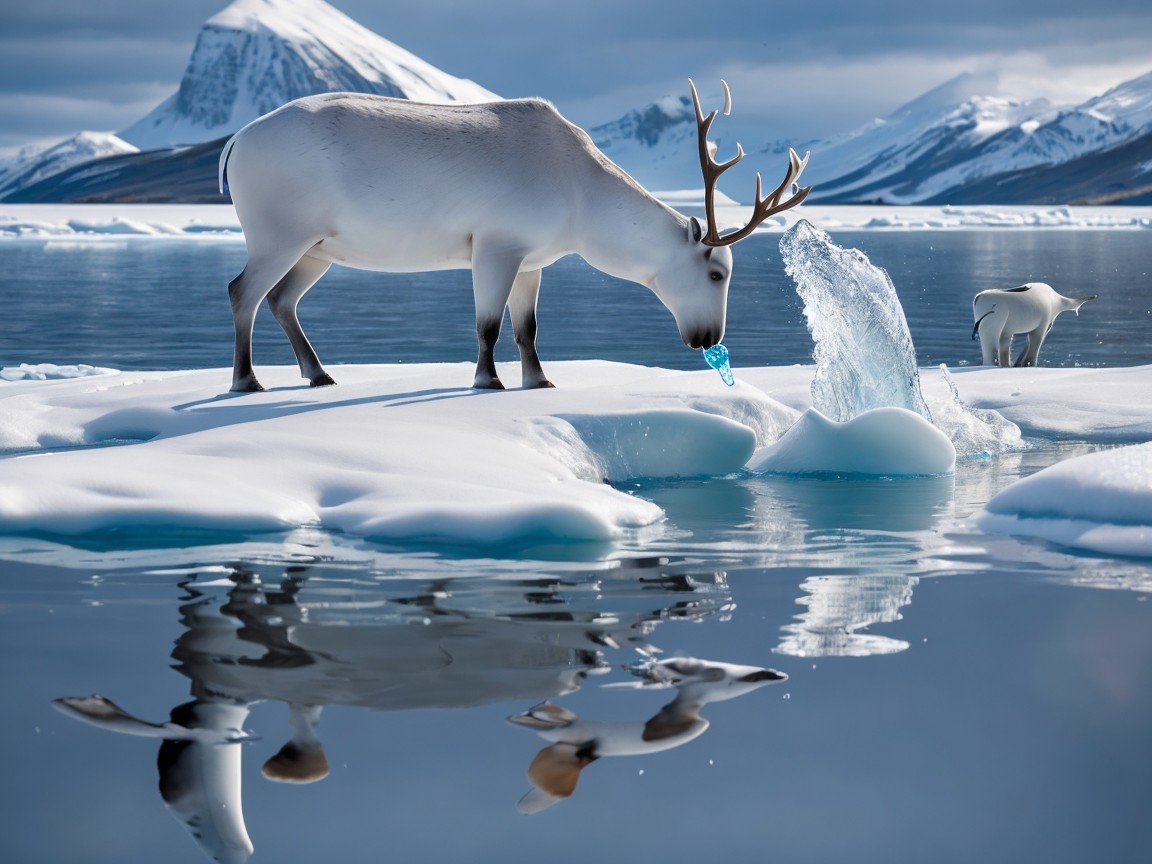 Reindeer in Icy Landscape with Snow-Capped Mountains