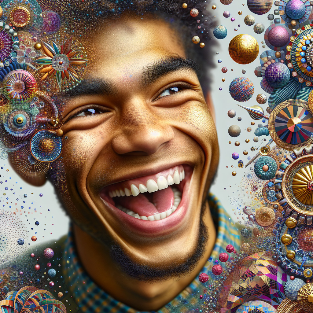 Young man smiling with colorful abstract patterns