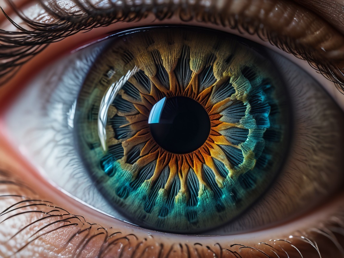 Close-up of a colorful and detailed human eye iris