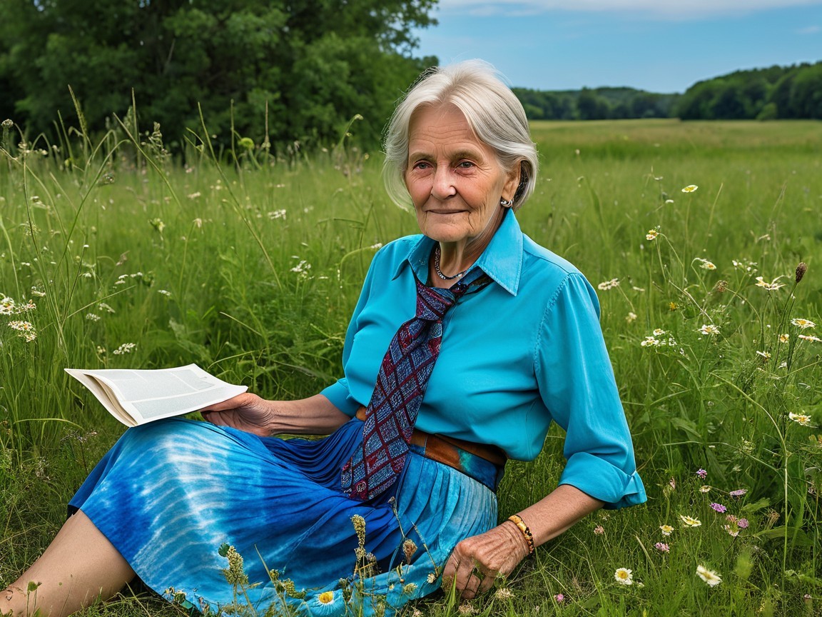 Elderly Woman Reading in a Vibrant Green Meadow
