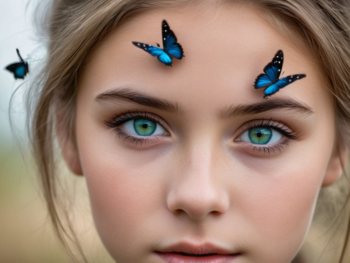Close-Up Portrait of a Girl with Green Eyes and Butterflies