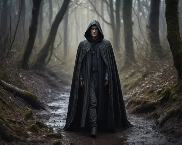 Mysterious Figure in Cloak on Foggy Forest Path