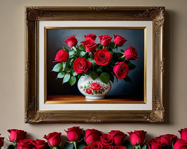 Ornate Gold-Framed Painting of Red Roses in Vase