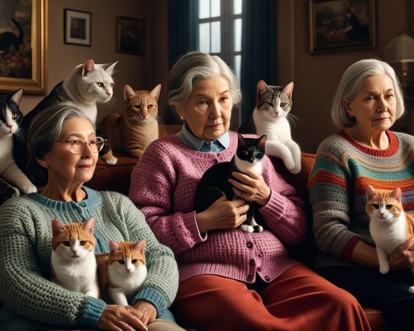 Elderly women in colorful sweaters with cats on a couch