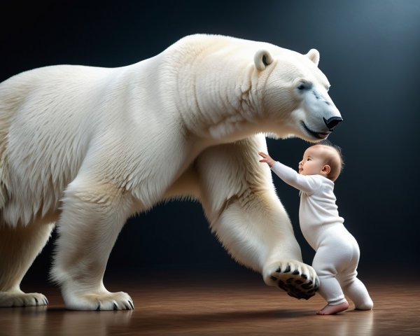 Baby in White Onesie Reaches for Polar Bear