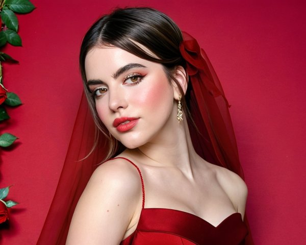Elegant woman in red dress with floral backdrop