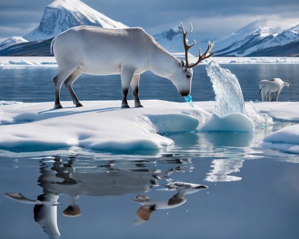 Reindeer in Icy Landscape with Snow-Capped Mountains
