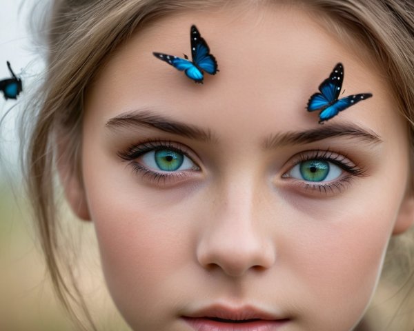 Close-Up Portrait of a Girl with Green Eyes and Butterflies