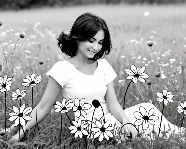 Young Woman in Black and White Flower Field