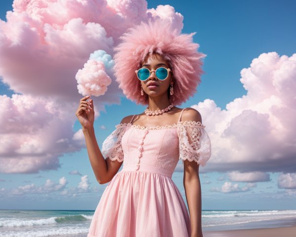 Woman in pastel pink dress on a beach with cotton candy