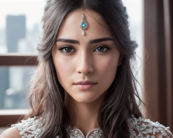 Close-up Portrait of a Young Woman with Forehead Ornament