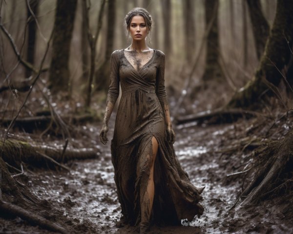 Woman in Brown Dress Walking in Misty Forest