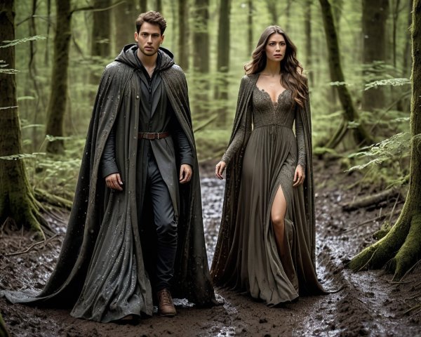 Couple Walking in Enchanted Forest with Purpose