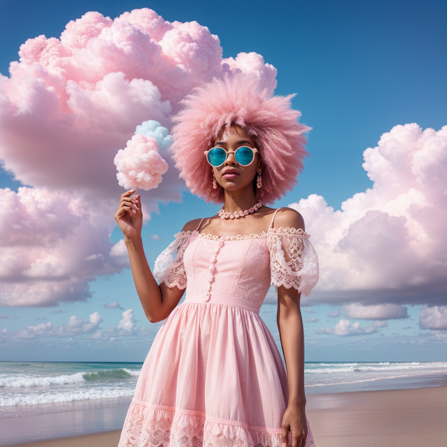 Woman in pastel pink dress on a beach with cotton candy