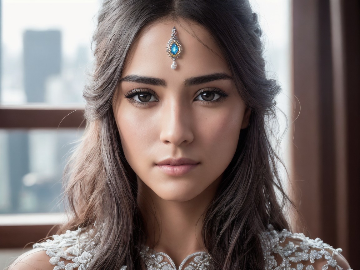 Close-up Portrait of a Young Woman with Forehead Ornament