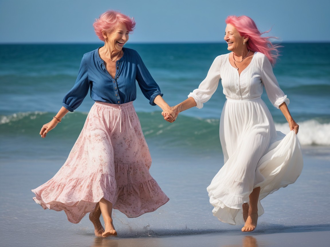 Women with Pink Hair Walking on the Beach