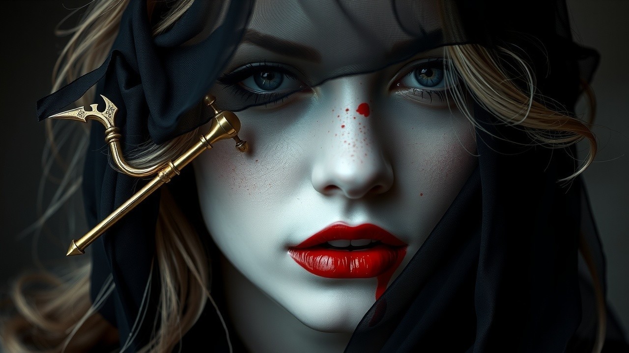 Portrait of a Woman in Black Fabric with Red Accents