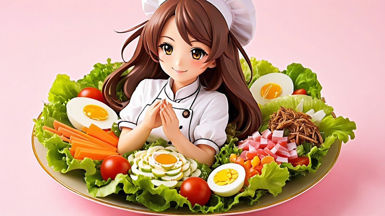 Anime Girl in Chef Outfit Surrounded by Salad Art
