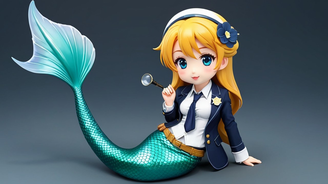 Stylized mermaid character with blonde hair and blue eyes