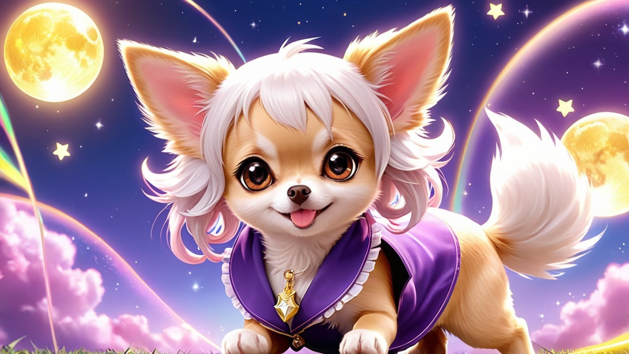 Cartoon Chihuahua in Purple Cloak with Dreamy Background