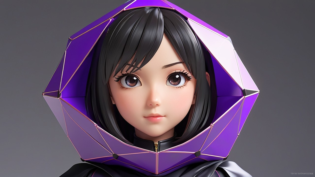 Stylized character with geometric hood in purple and black
