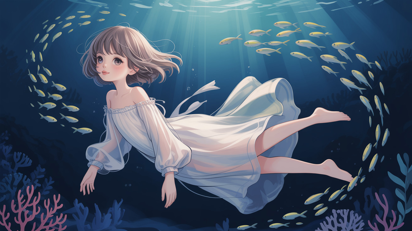 Anime Illustration of a Girl Swimming in Blue Ocean